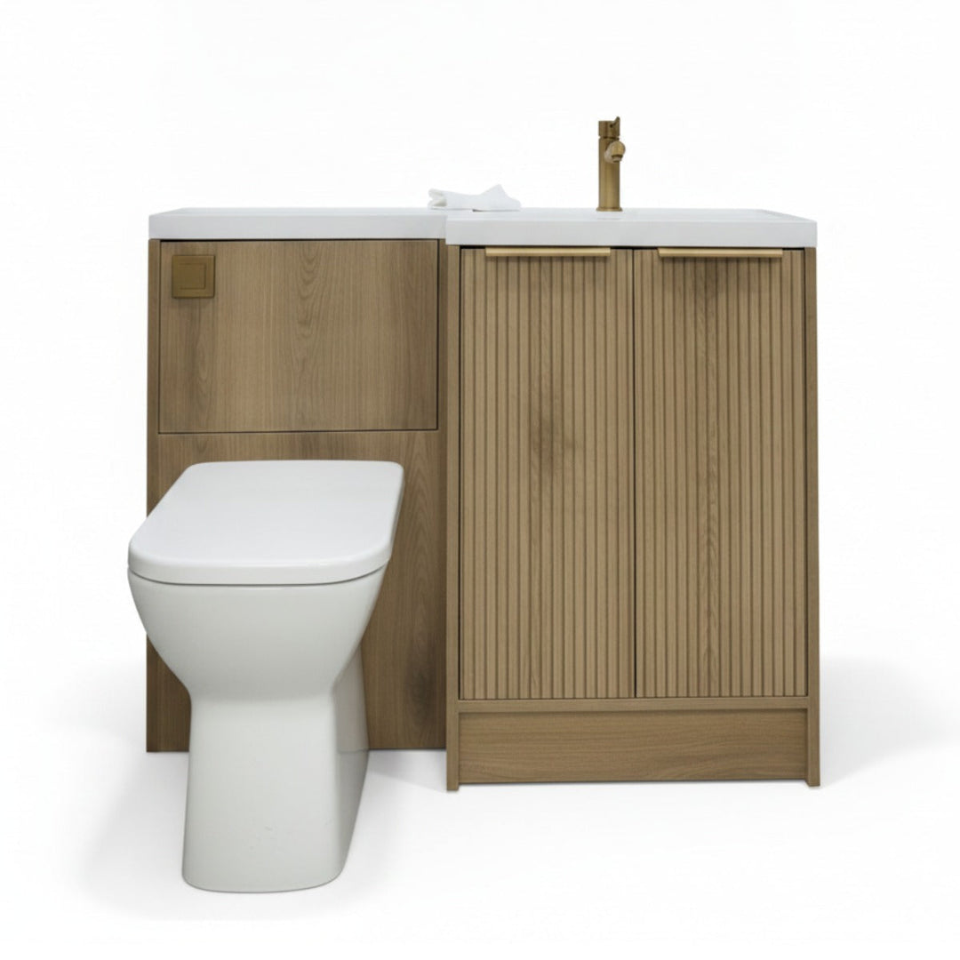 Voda Linea Combination Vanity Unit & WC Pack with L-Shaped Basin - Right Hand - Brushed Brass - Drift Oak