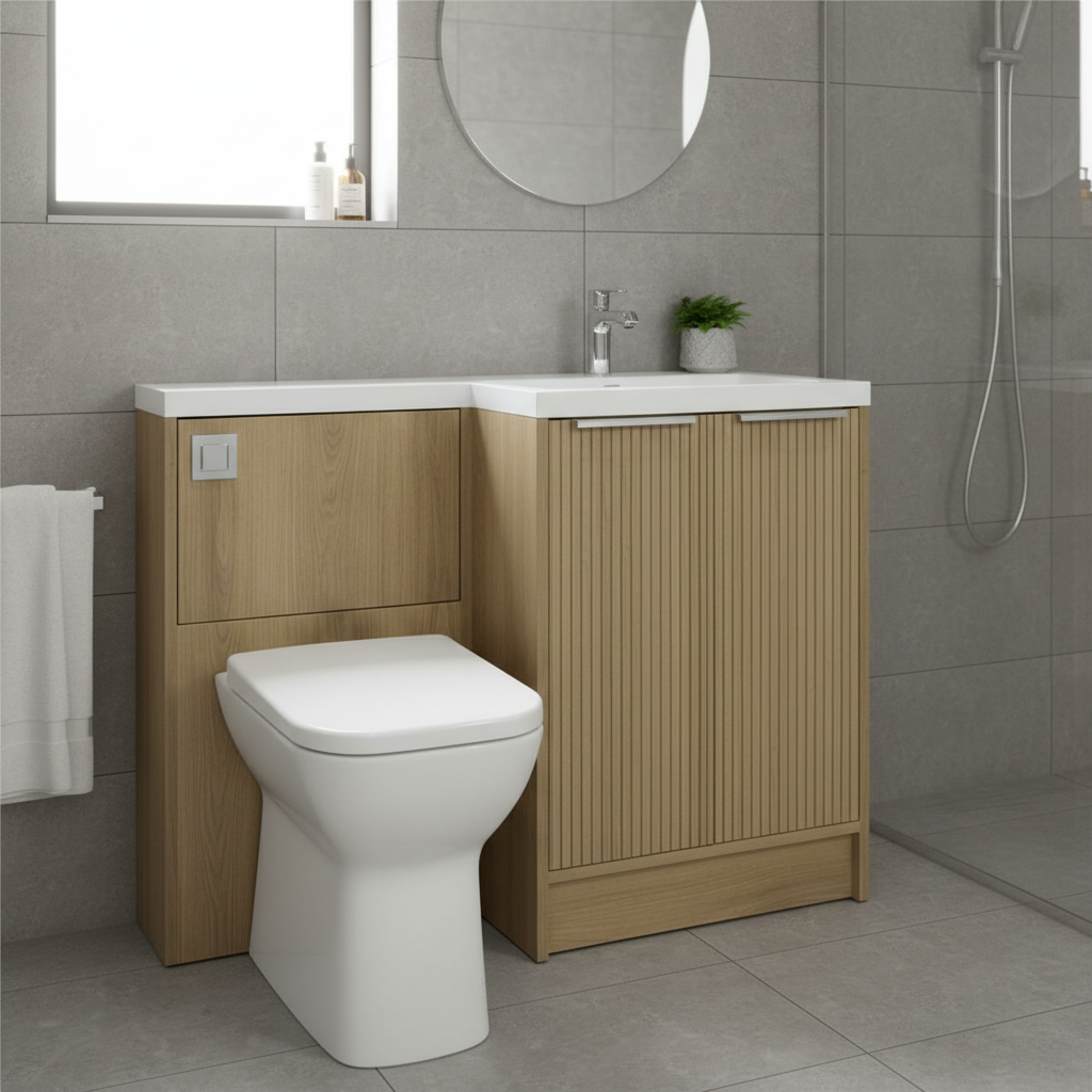 Voda Linea Combination Vanity Unit & WC Pack with L-Shaped Basin - Right Hand - Chrome - Drift Oak