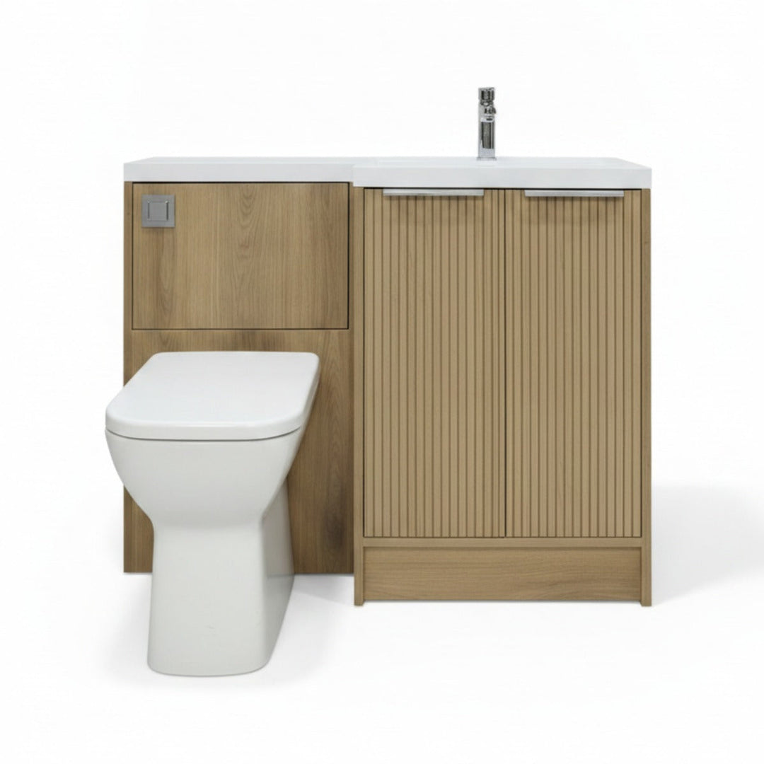 Voda Linea Combination Vanity Unit & WC Pack with L-Shaped Basin - Right Hand - Chrome - Drift Oak