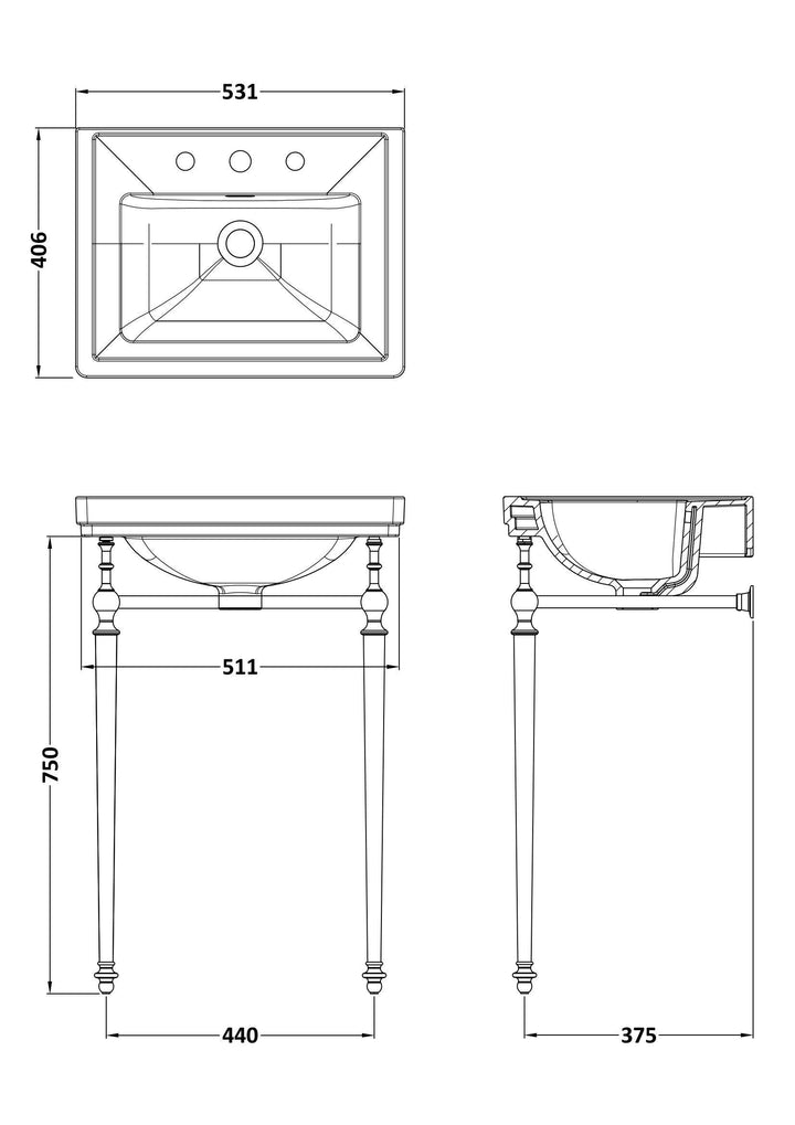Coniston 500mm 3 Tap Hole Basin with Stand