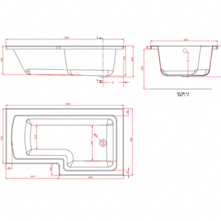 Shannon L Shape Shower Bath RH 1500x850 (400) 4mm