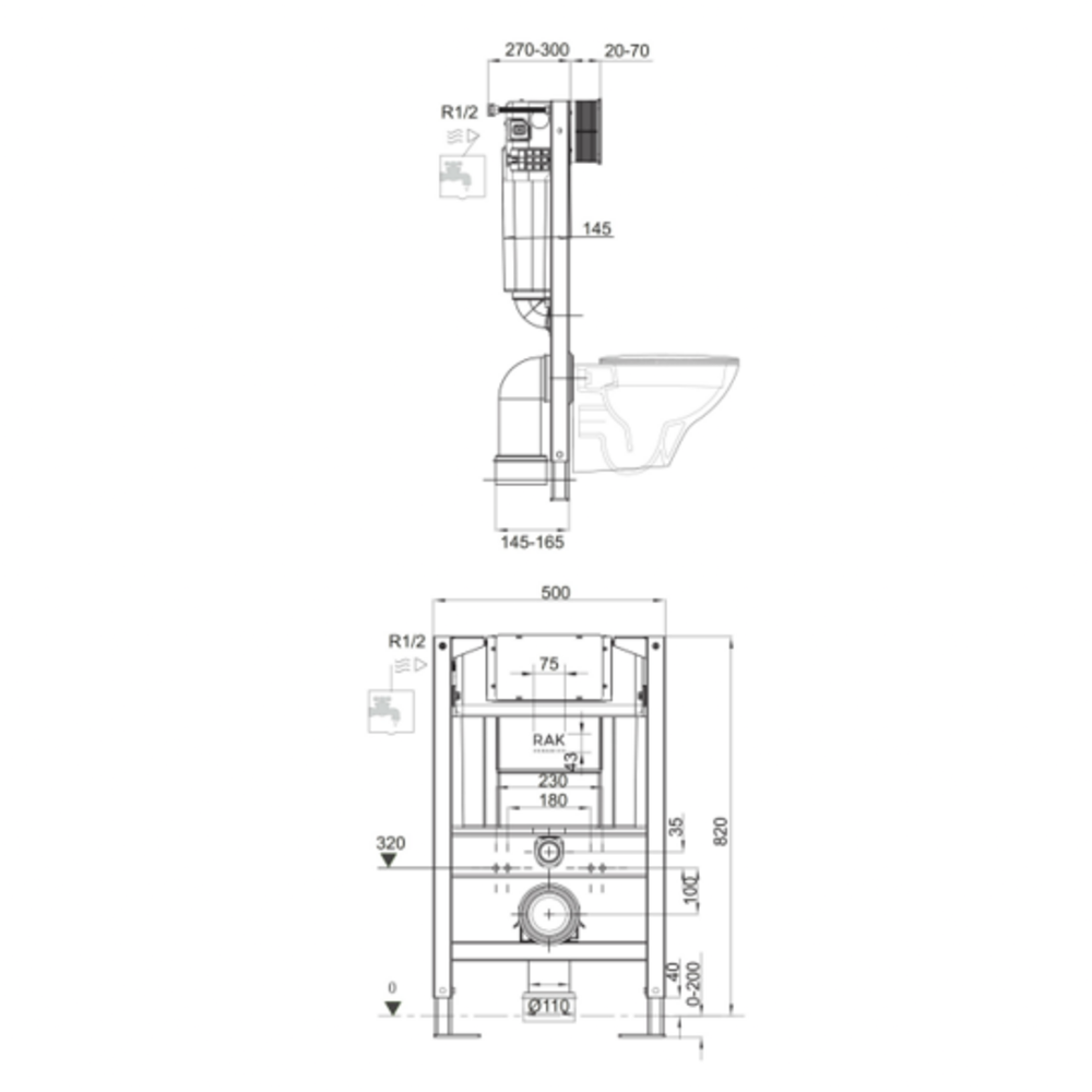 RAK Ceramics Front Flush WC Frame with Concealed Cistern 82cm