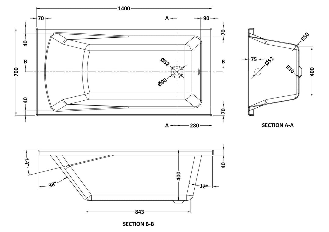 Eiger Square Single Ended Bath 1400 x 700mm