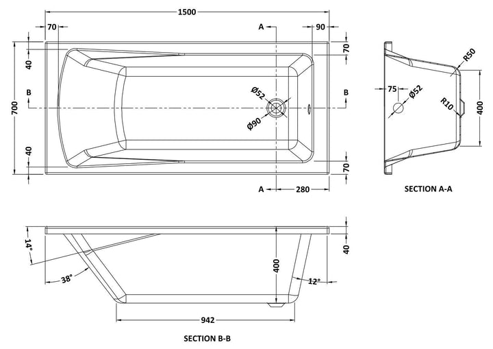 Eiger Square Single Ended Bath 1500 x 700mm