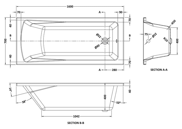 Eiger Square Single Ended Bath 1600 x 700mm