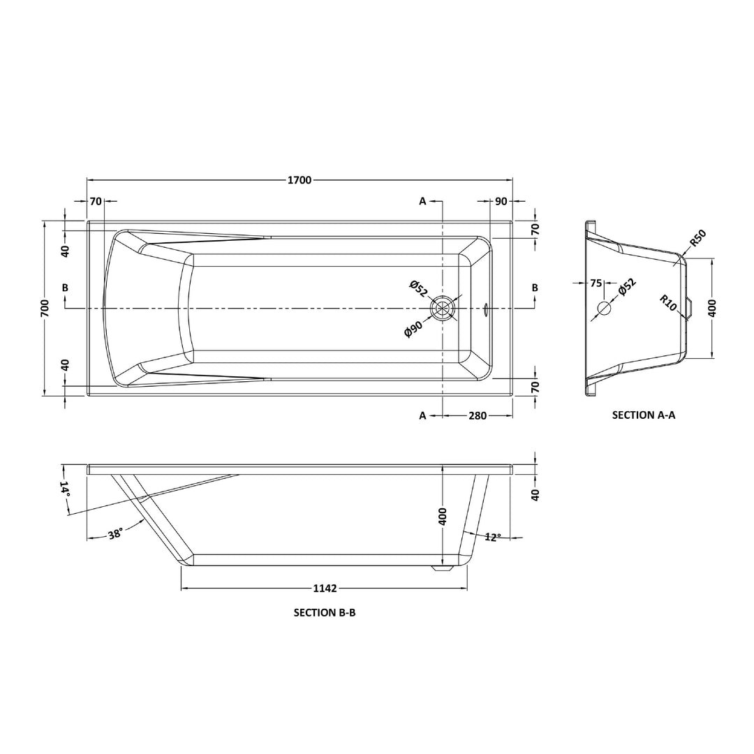 Eiger Square Single Ended Bath 1700 x 700mm