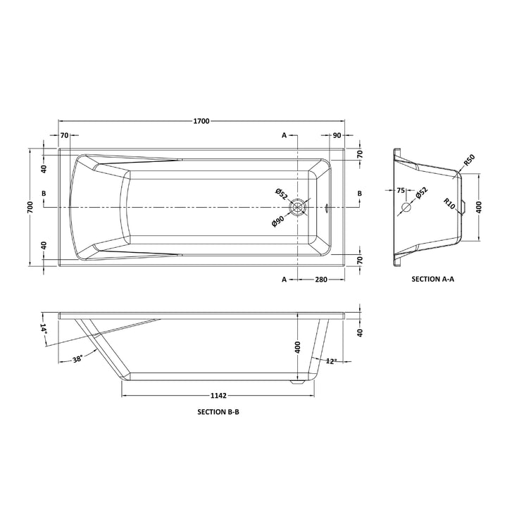 Eiger Square Single Ended Bath 1700 x 700mm