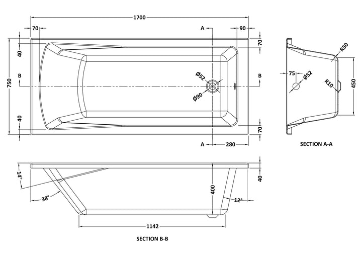 Eiger Square Single Ended Bath 1700 x 750mm