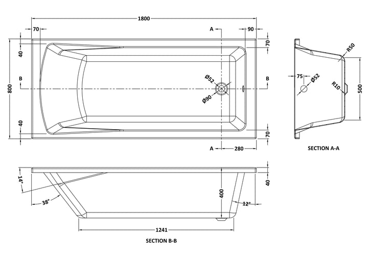 Eiger Square Single Ended Bath 1800 x 800mm