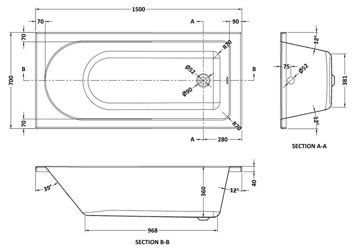 Eiger Standard Single Ended Bath 1500 x 700mm
