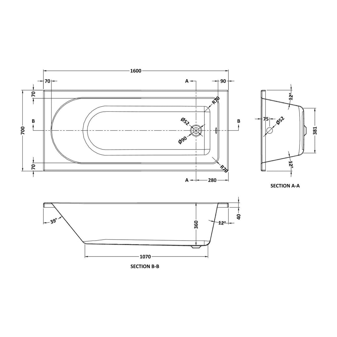 Eiger Standard Single Ended Bath 1600 x 700mm