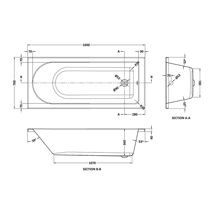 Eiger Standard Single Ended Bath 1600 x 700mm