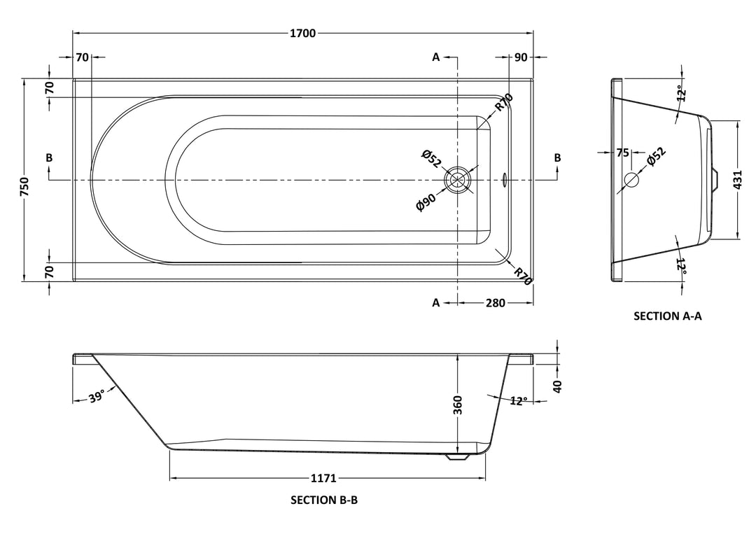 Eiger Standard Single Ended Bath 1700 x 750mm