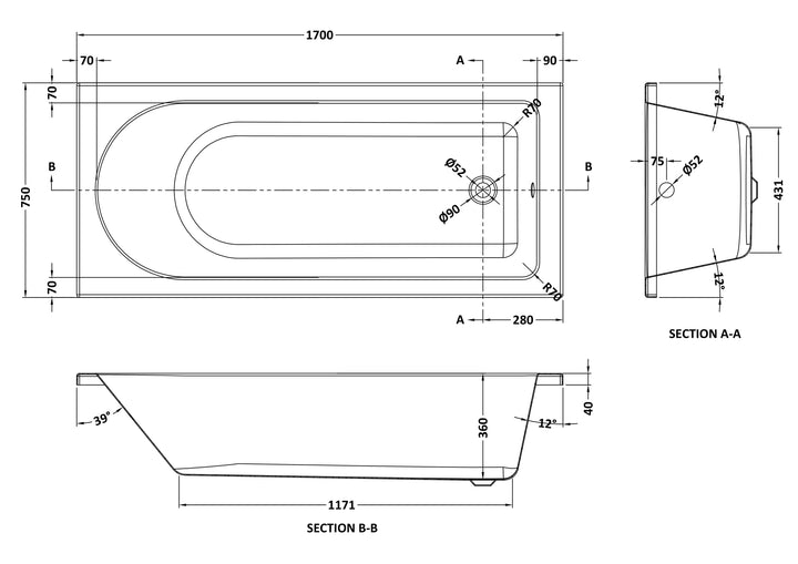Eiger Standard Single Ended Bath 1700 x 750mm