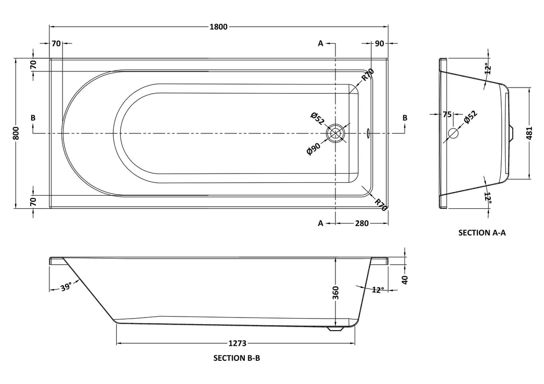 Eiger Standard Single Ended Bath 1800 x 800mm
