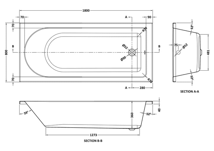 Eiger Standard Single Ended Bath 1800 x 800mm