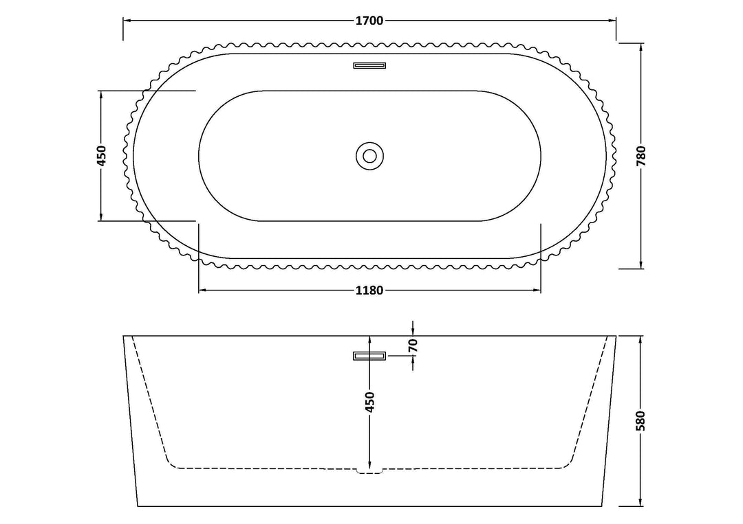 Piton 1700 x 780 x 580mm Fluted Freestanding Bath - Painted