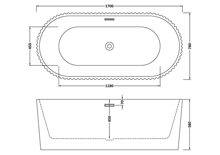 Piton 1700 x 780 x 580mm Fluted Freestanding Bath - Painted