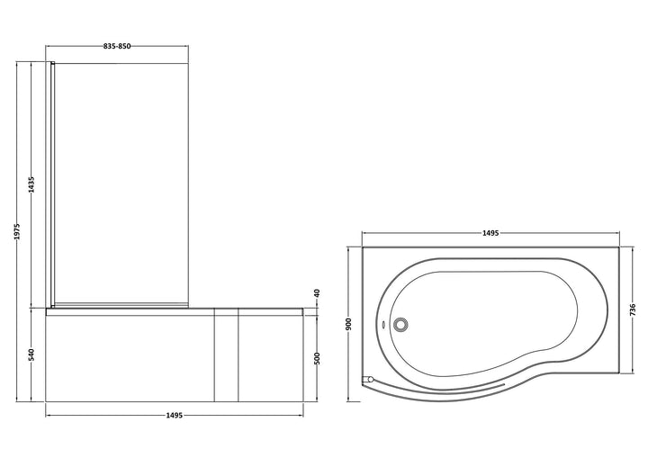 Etna Round B Shaped Left Hand Bath Set 1500mm