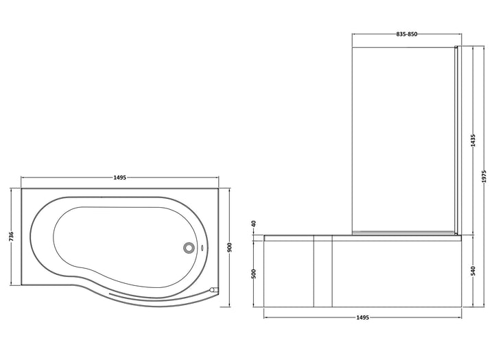 Etna Round B Shaped Right Hand Bath Set 1500mm