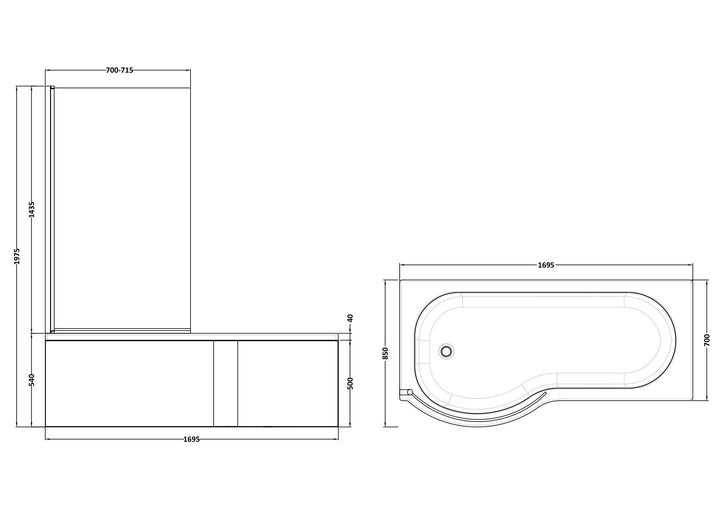 Etna P Shaped Left Hand Bath Set 1700mm