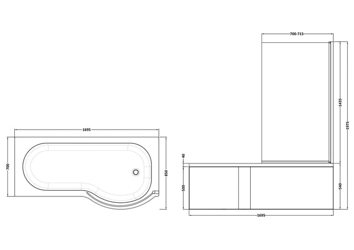 Etna P Shaped Right Hand Bath Set 1700mm