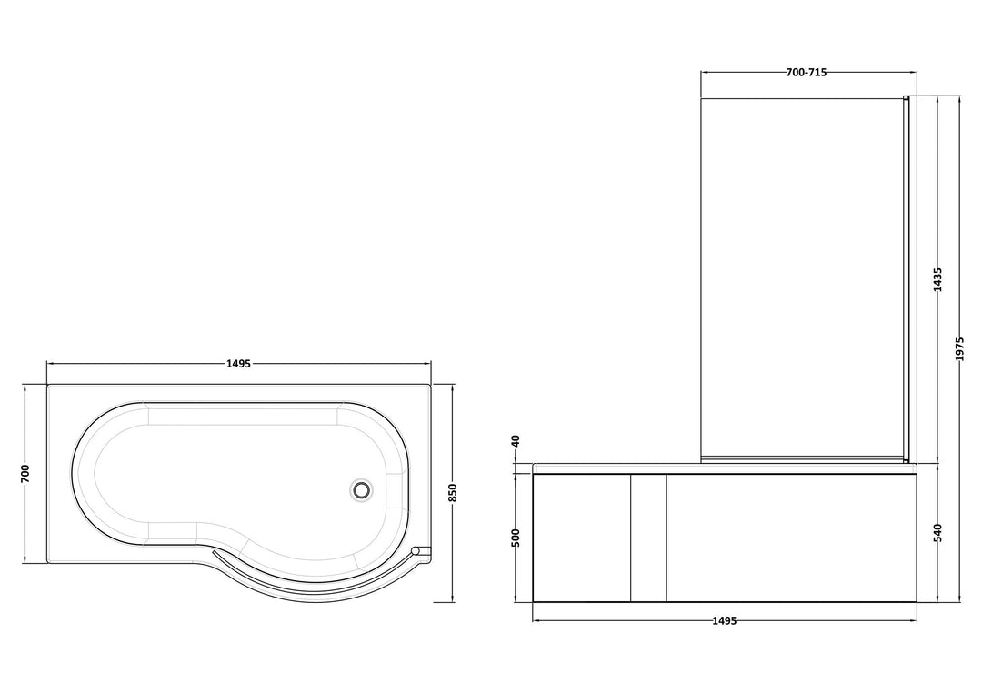 Etna P Shaped Right Hand Bath Set 1500mm