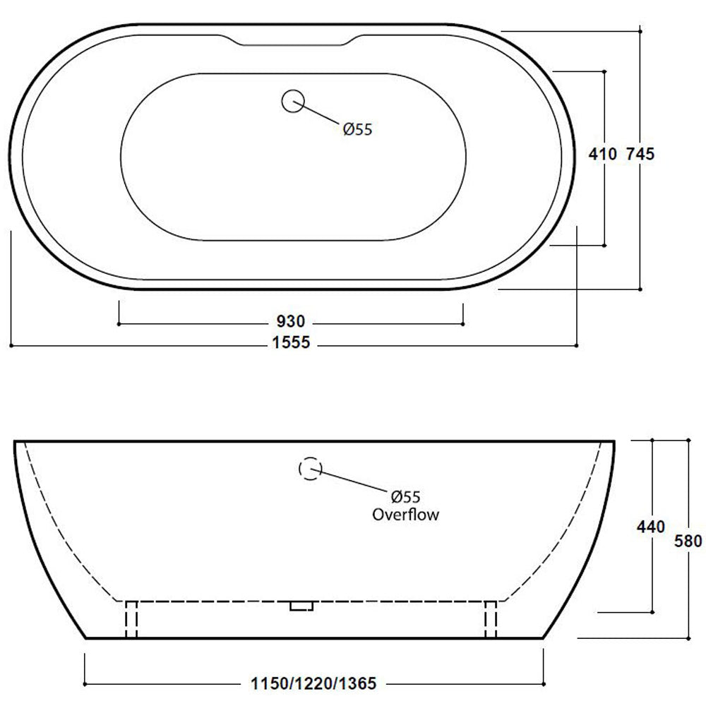 Freestanding Modern Double Ended Bath 1555mm - Manhattan By Voda Design