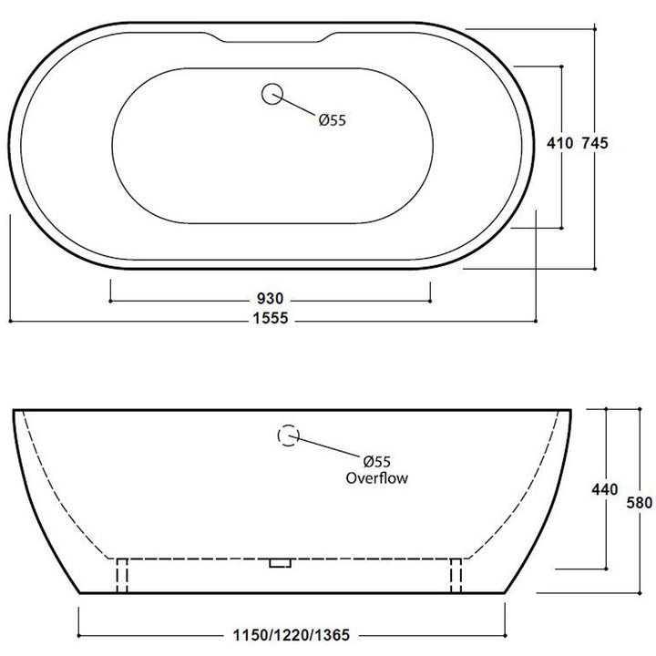 Freestanding Modern Double Ended Bath 1555mm - Manhattan By Voda Design