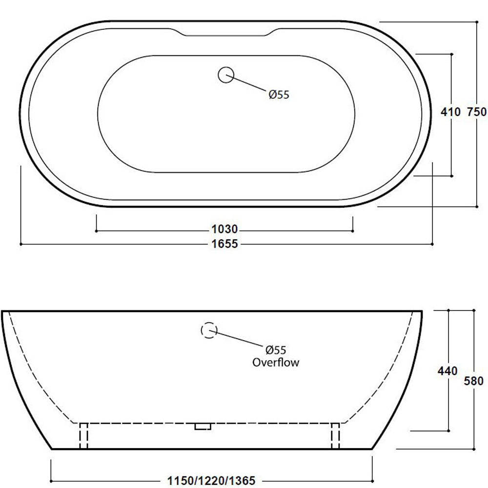 Matt White Freestanding Double Ended Bath 1655 x 750