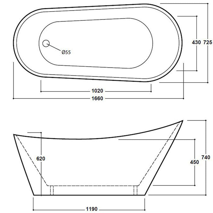 1660mm Matt White Modern Slipper Bath