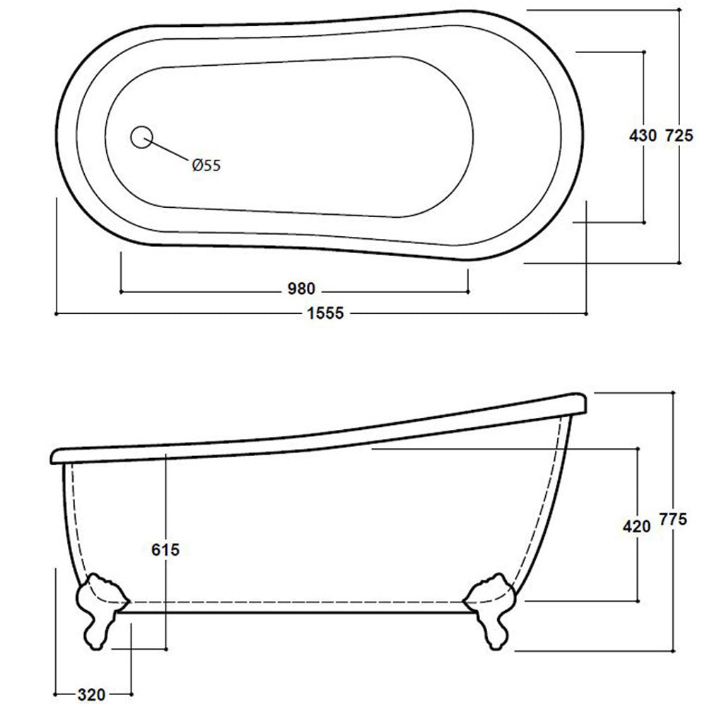 Freestanding Traditional Slipper Bath With Ball And Claw Feet 1555mm - Belgravia By Voda Design