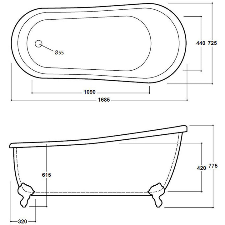 Freestanding Traditional Single Ended Slipper Bath With Ball And Claw Feet 1685mm - Belgravia By Voda Design