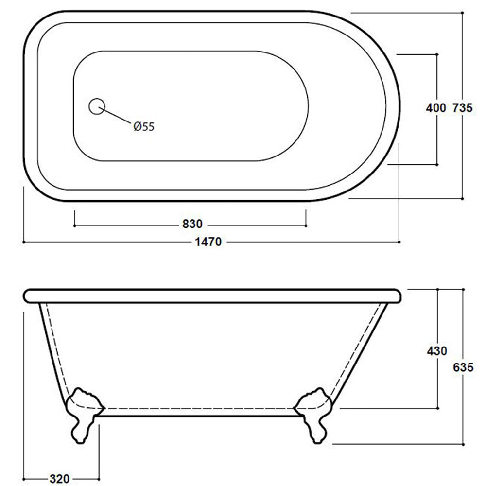 Freestanding Traditional Single Ended Bath 1470mm - Rochester By Voda Design