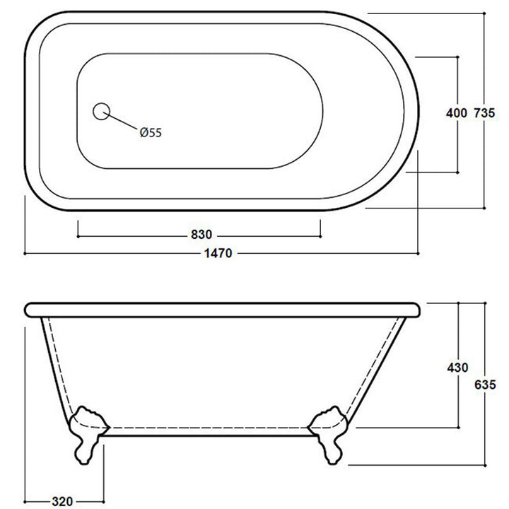 Freestanding Traditional Single Ended Bath 1470mm - Rochester By Voda Design