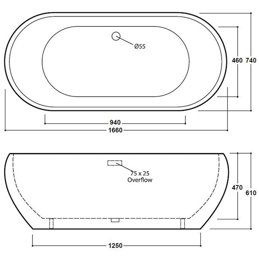 Freestanding Modern Double Ended Bath 1660mm - Olivia By Voda Design