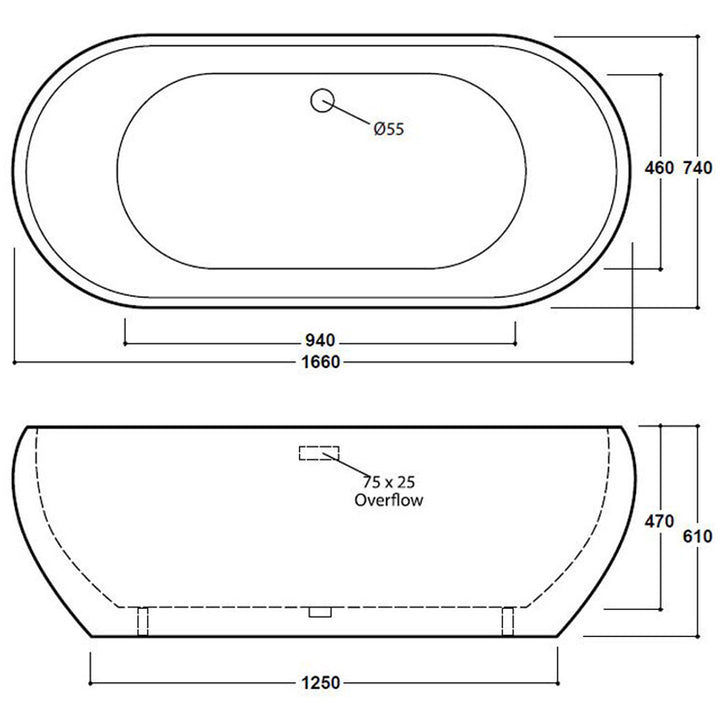 Freestanding Modern Double Ended Bath 1660mm - Olivia By Voda Design