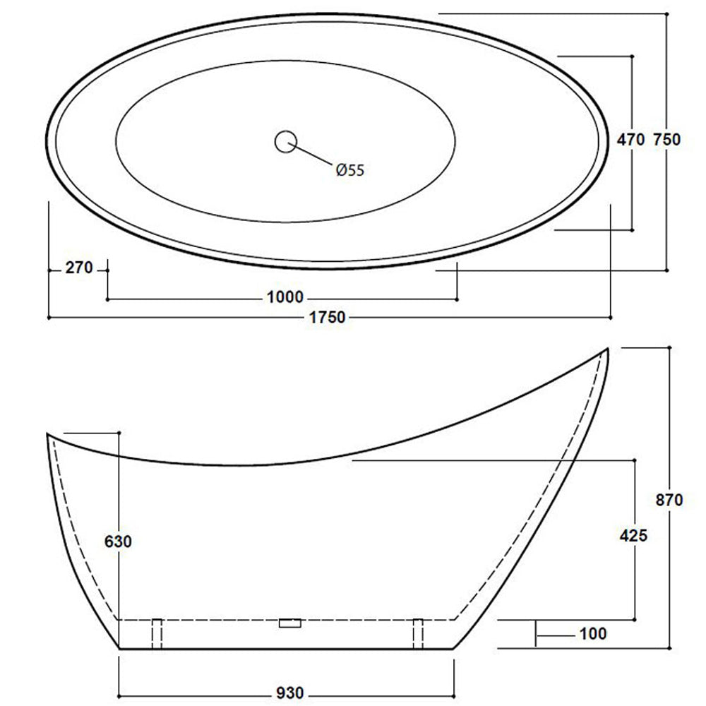Freestanding Modern Luxury Thin Edged Slipper Bath 1750mm Black - Picasso By Voda Design