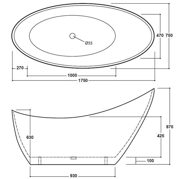 Freestanding Modern Luxury Thin Edged Slipper Bath 1750mm Black - Picasso By Voda Design