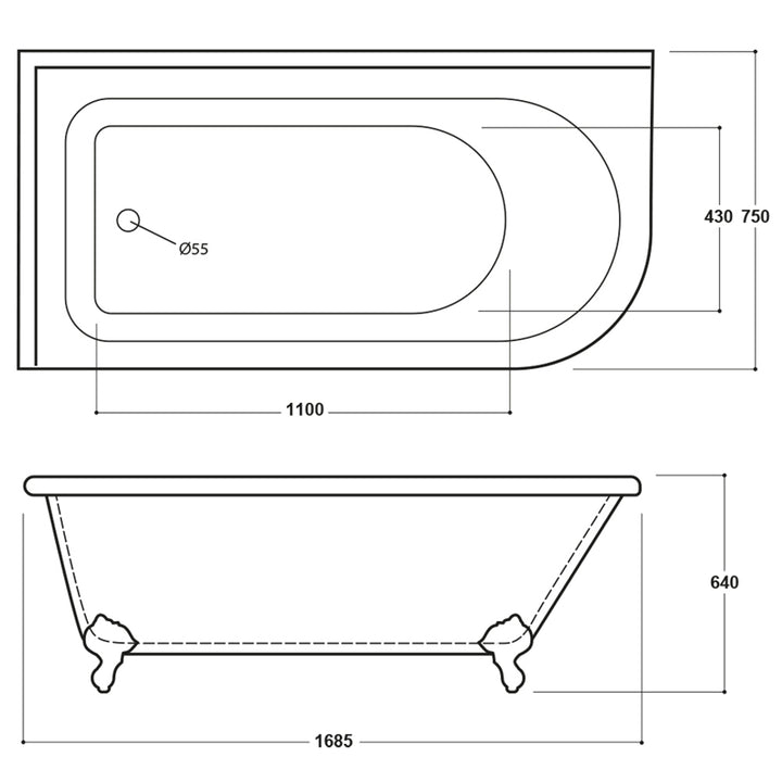 Left Hand 1685mm Traditional Back To Wall Shower Bath