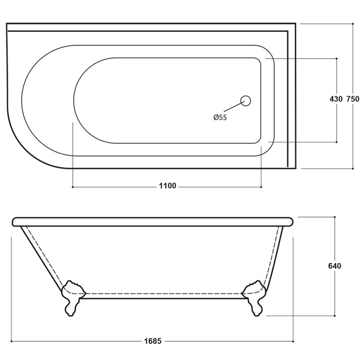 Right Hand 1685mm Traditional Back To Wall Shower Bath