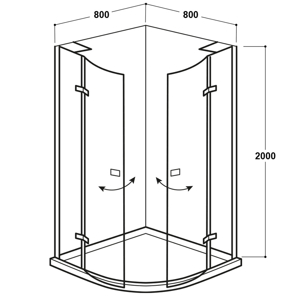 Black 800mm Frameless Quadrant Hinged Enclosure - Kaso 8 Star by Voda Design (8mm Thick)