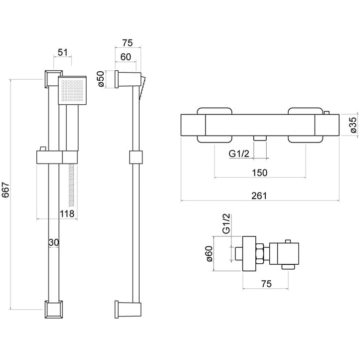Dee Square Exposed Bar Valve Shower Set - By Voda Design