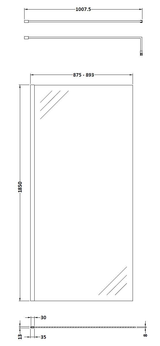 Wye 900mm Wetroom Screen & Support Bar - Chrome