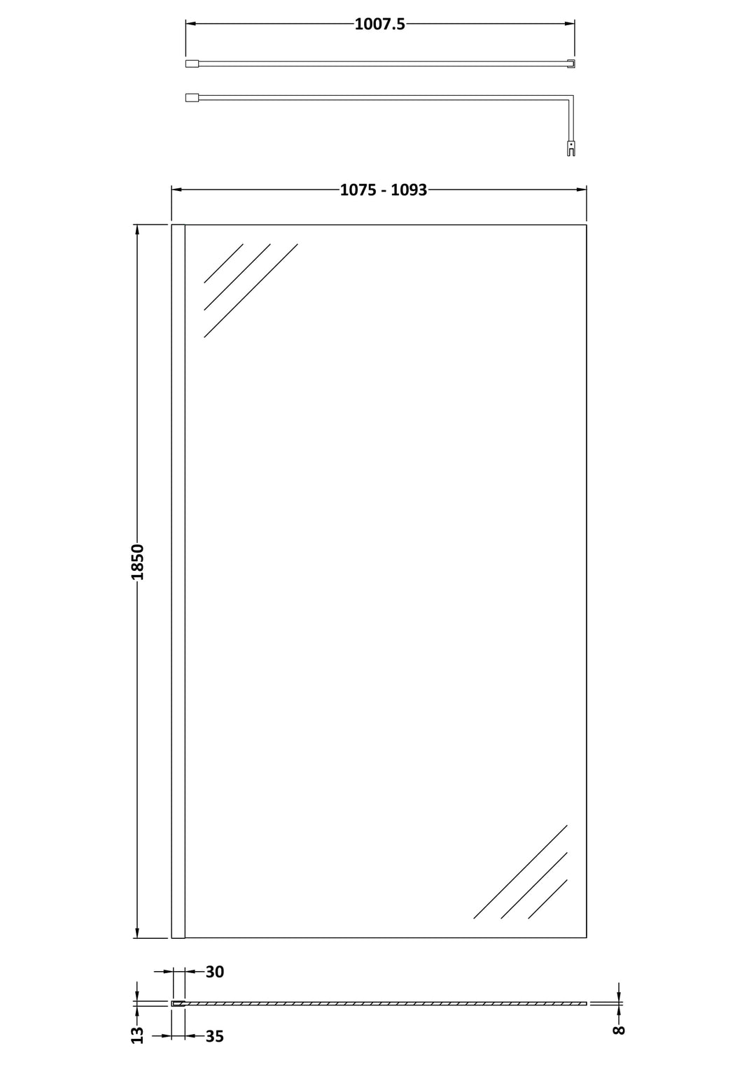 Wye 1100mm Wetroom Screen & Support Bar - Chrome