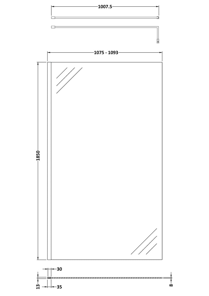 Wye 1100mm Wetroom Screen & Support Bar - Chrome