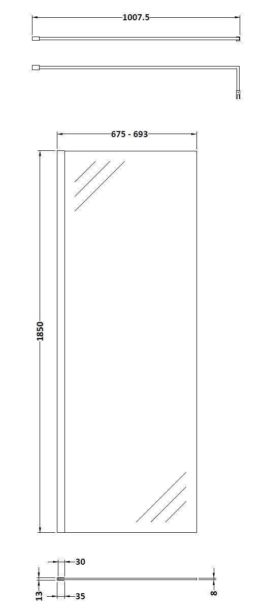 Wye 700mm Wetroom Screen with Support Bar - Matt Black