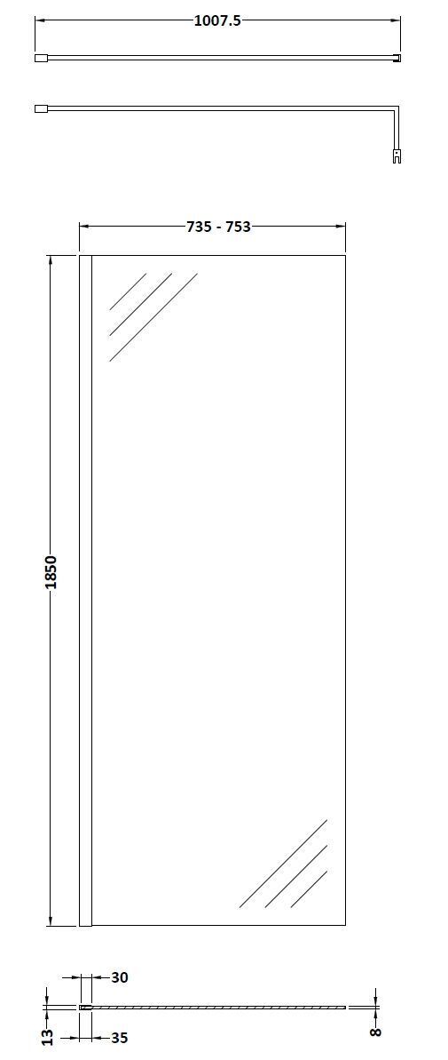 Wye 760mm Wetroom Screen with Support Bar - Matt Black