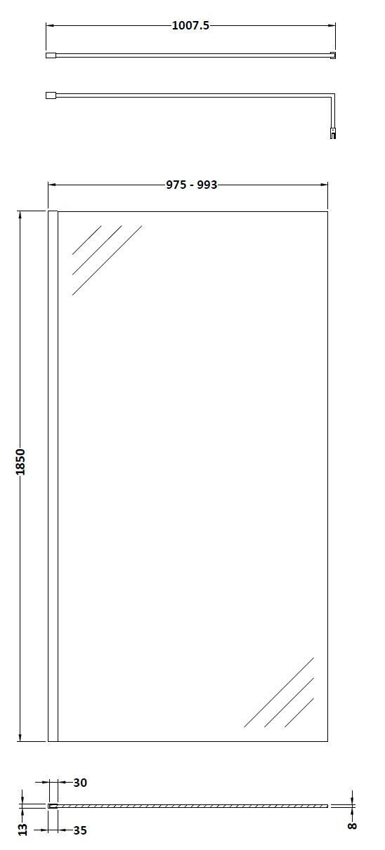 Wye 1000mm Wetroom Screen with Support Bar - Matt Black
