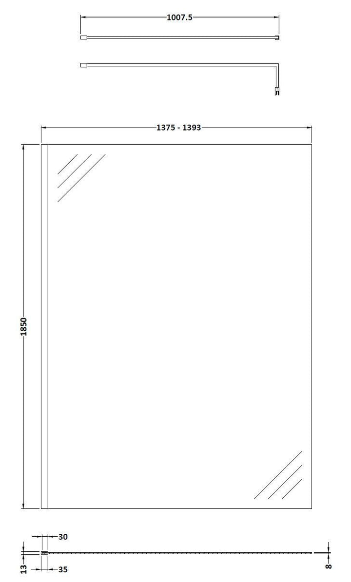 Wye 1400mm Wetroom Screen with Support Bar - Matt Black